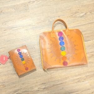 Rare Laptop Bag Chakra Embossed Tan Leather and Notebook Set
